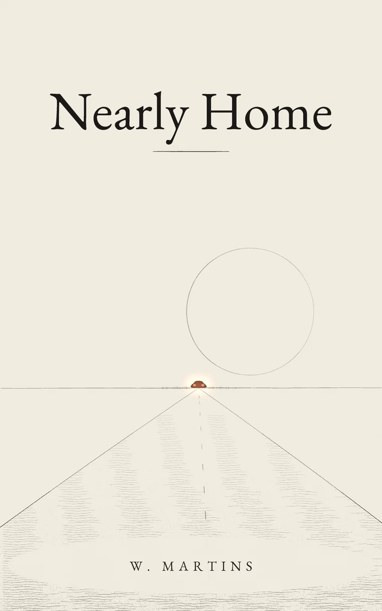 The front cover of Nearly Home: a road running to a vanishing point under a pale moon, a very small car waiting at the horizon.
