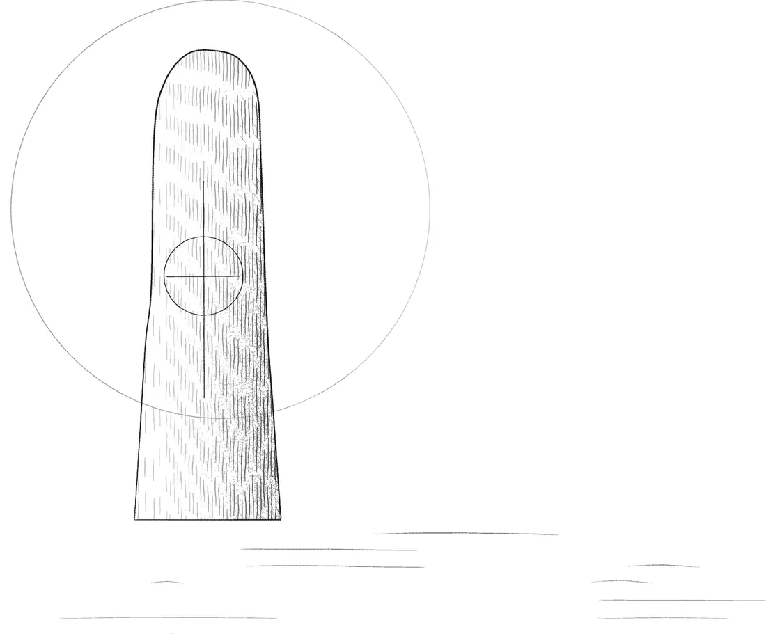 A standing stone ringed by a faint halo, alone on open ground.