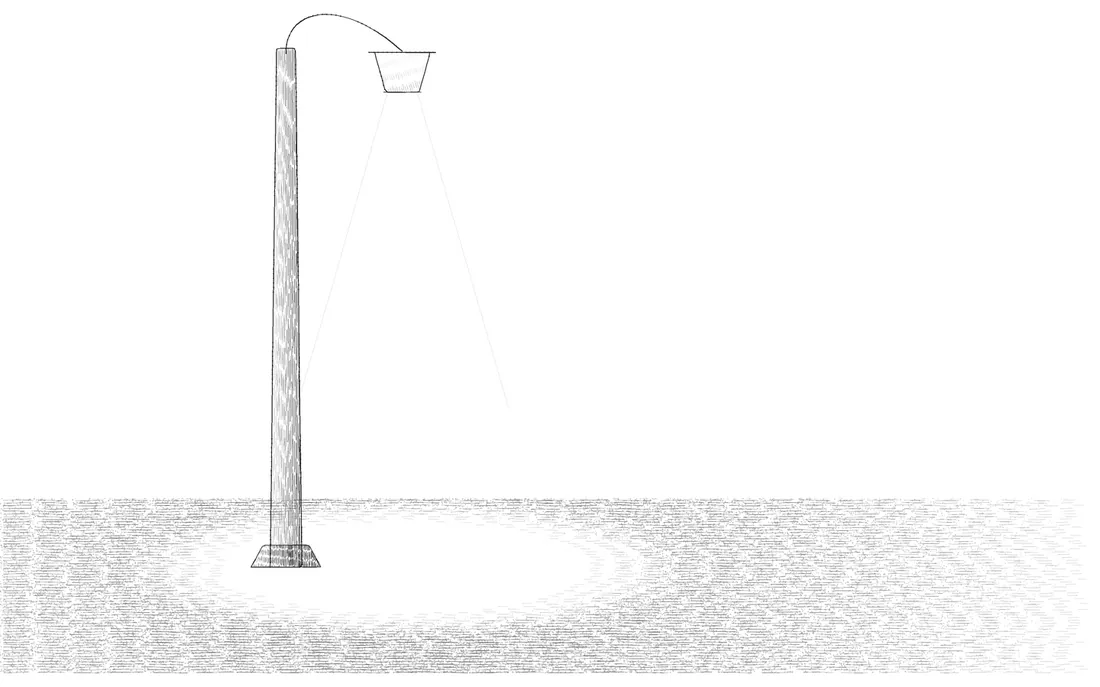 A tall street lamp on an empty stretch of road, its light pooling on the ground below.